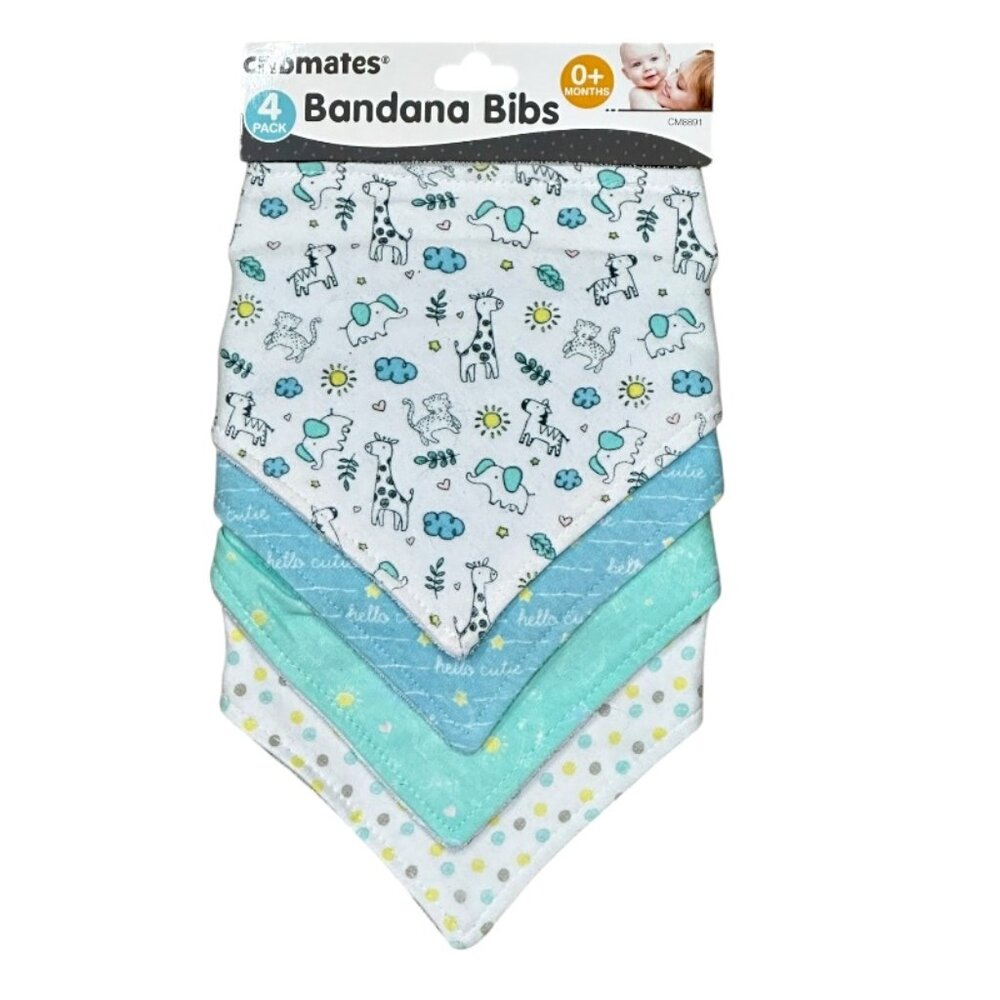 NEW Set of 4 Bandana Baby Drool Bibs Soft Cotton Polyester Blue Green Cribmates